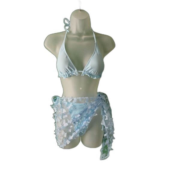 Blooming Jelly Blue 3 Piece Triangle Halter Thong Bikini Set Butterfly Sz M - Picture 8 of 9